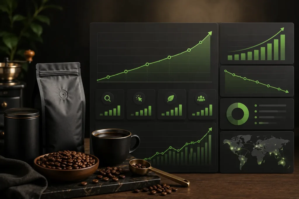 Coffee analytics in a moody workspace